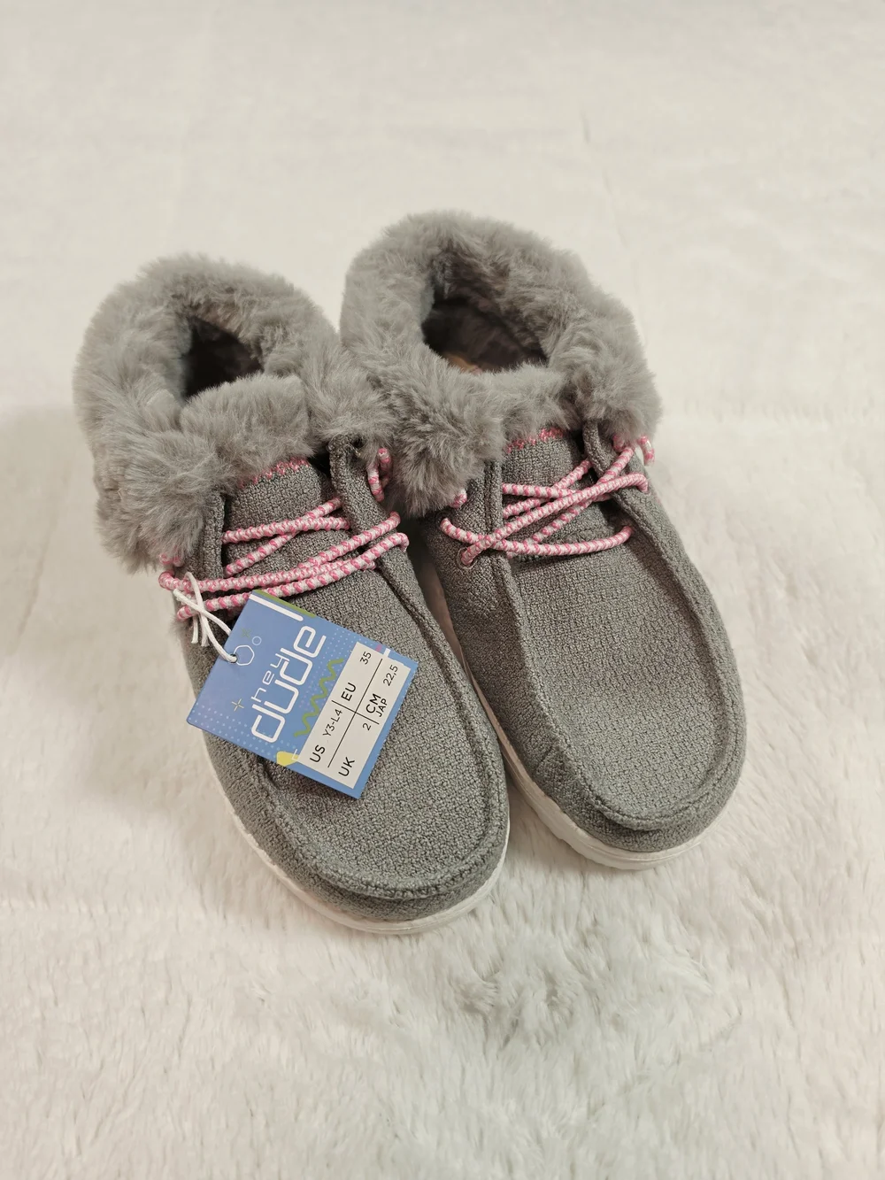 Hey Dude Kids Grey Faux-Fur Lined Slip-Ons with Pink Laces Youth3-Ladies4